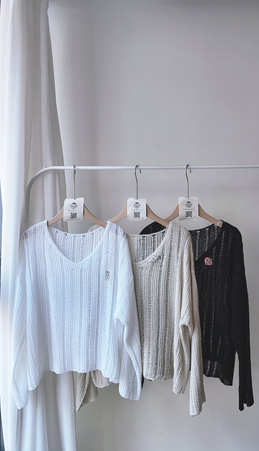 洞洞V領長袖上衣/罩衫