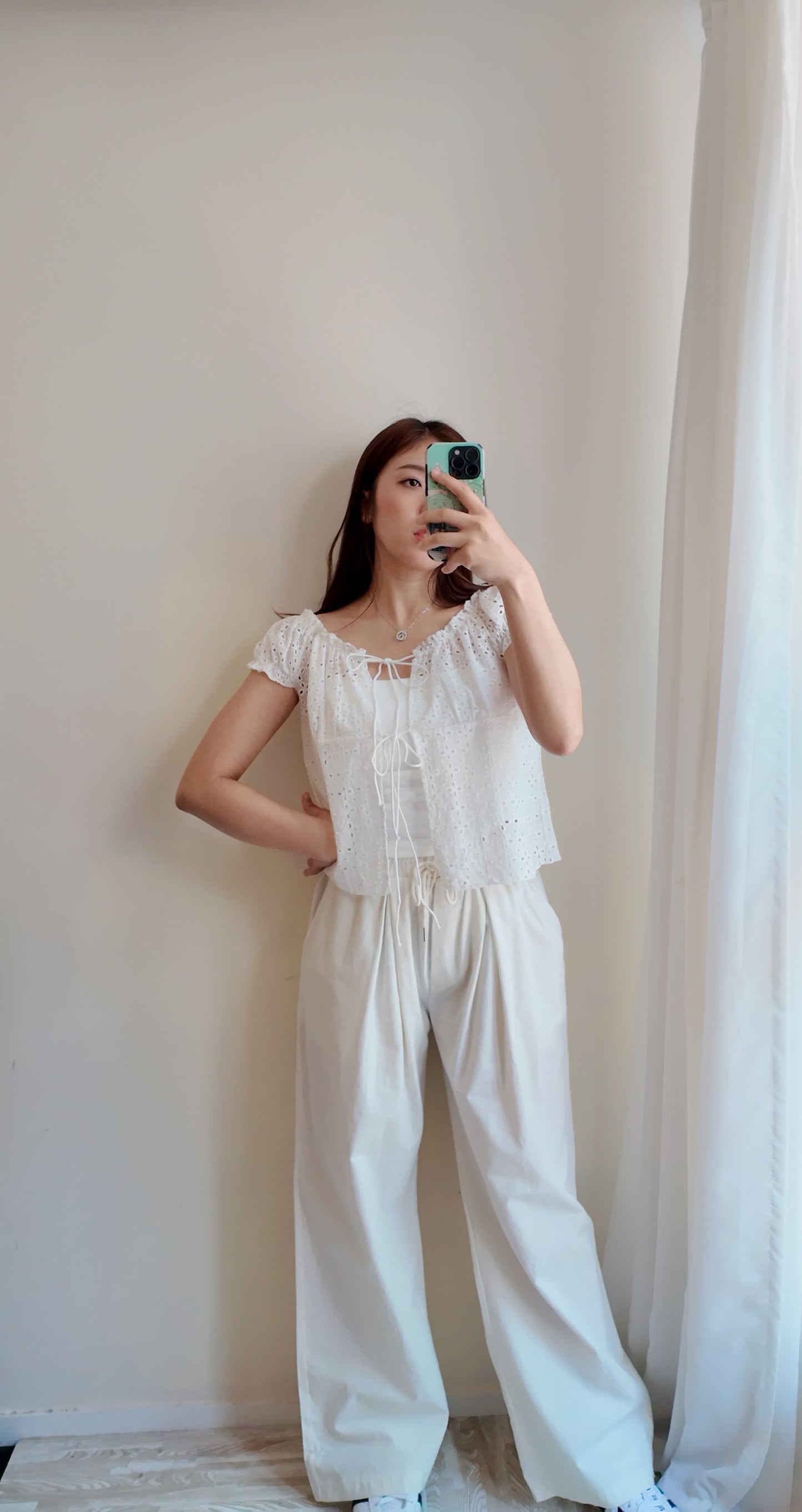 提花蕾絲綁帶短袖罩衫