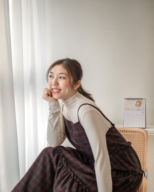格子吊帶蛋糕裙｜自家刺繡圖案